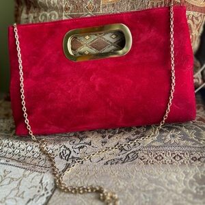 Elegant Red Suede-like Clutch with Gold Chain
